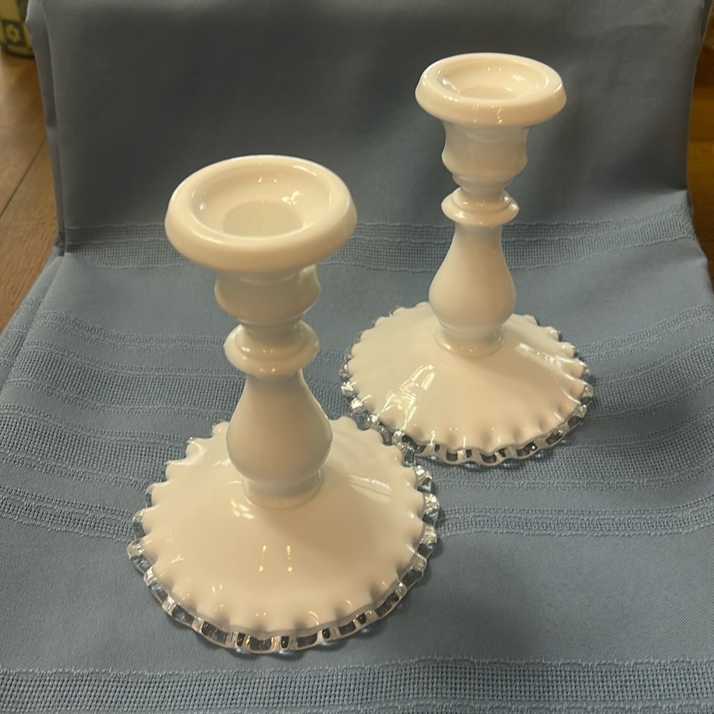 Pair of Vintage Milk White Glass Candle Sticks